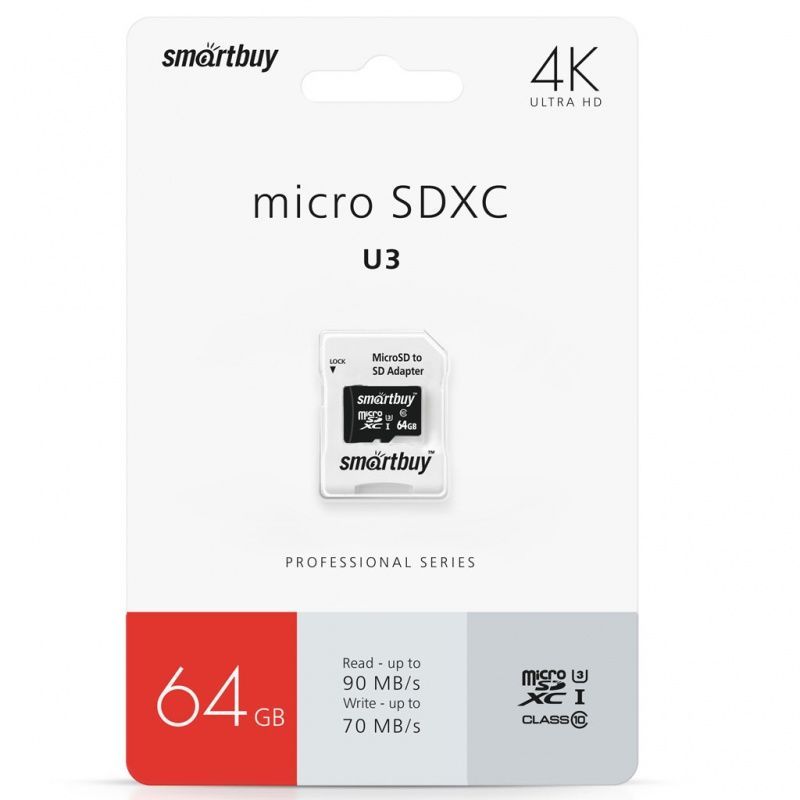  SMARTBUY (SB64GBSDCL10U3-01) MicroSDXC 64GB Class10 PRO (U3) 95/60 MB/S +