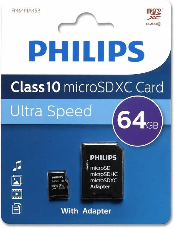 Карта памяти PHILIPS MicroSD 64Gb с AD Черный...