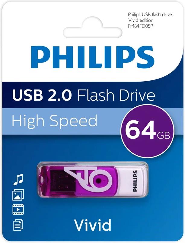  PHILIPS 64Gb VIVID2.0 Белый/Фиолетовый...