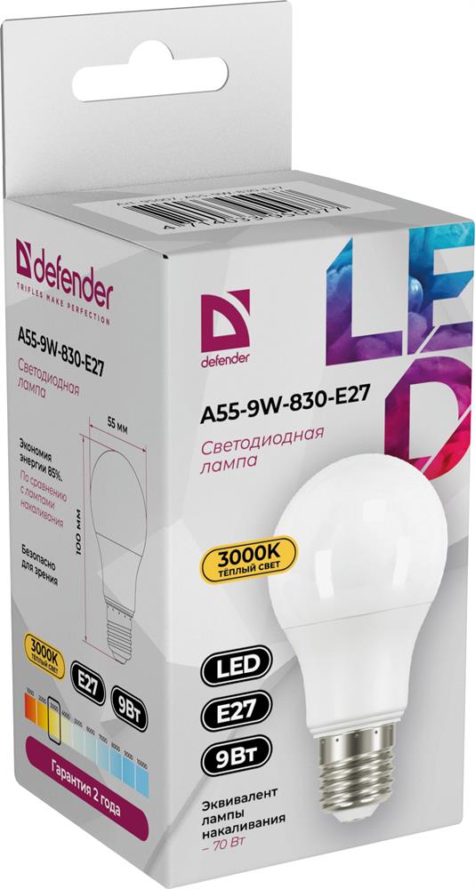 Лампочка DEFENDER (95007) A55-9W-830-E27 груша, теплый белый, 1 шт