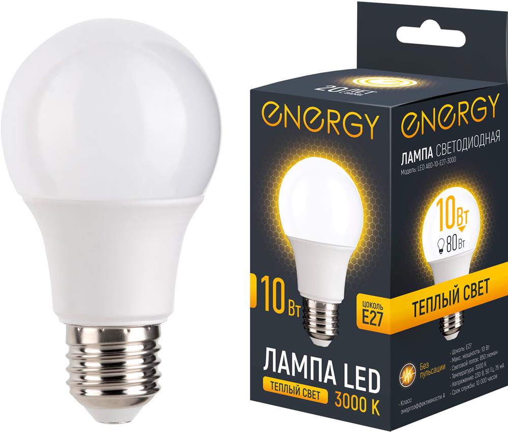 Лампа светодиодная ENERGY LED А60-10-E27-3000...