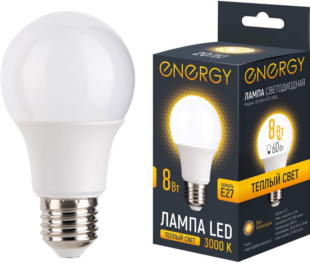 Лампа светодиодная ENERGY LED А60-8-E27-3000...