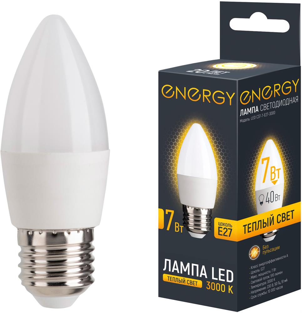 Лампа светодиодная ENERGY LED С37-7-E27-3000...