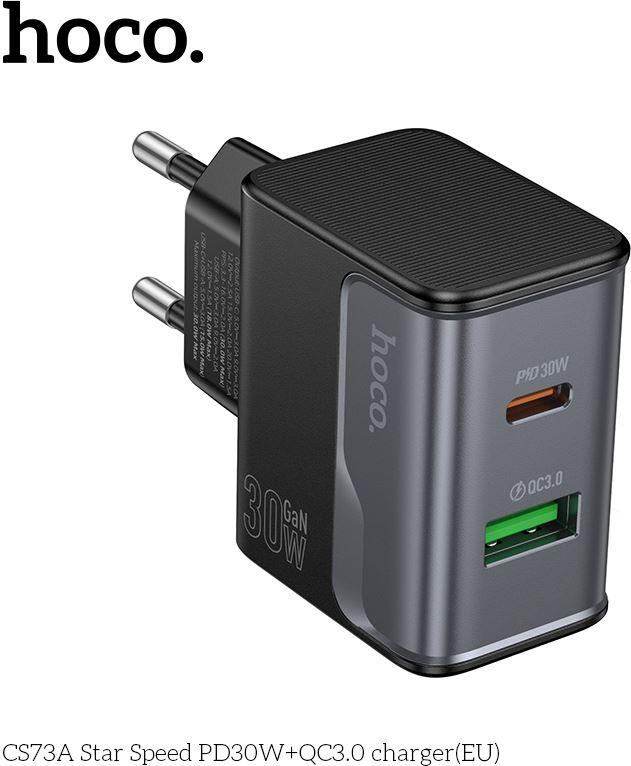  HOCO (6942007653787) CS73A 1USB+1Type-C 3.0A PD 30W+QC3.0 Midnight black